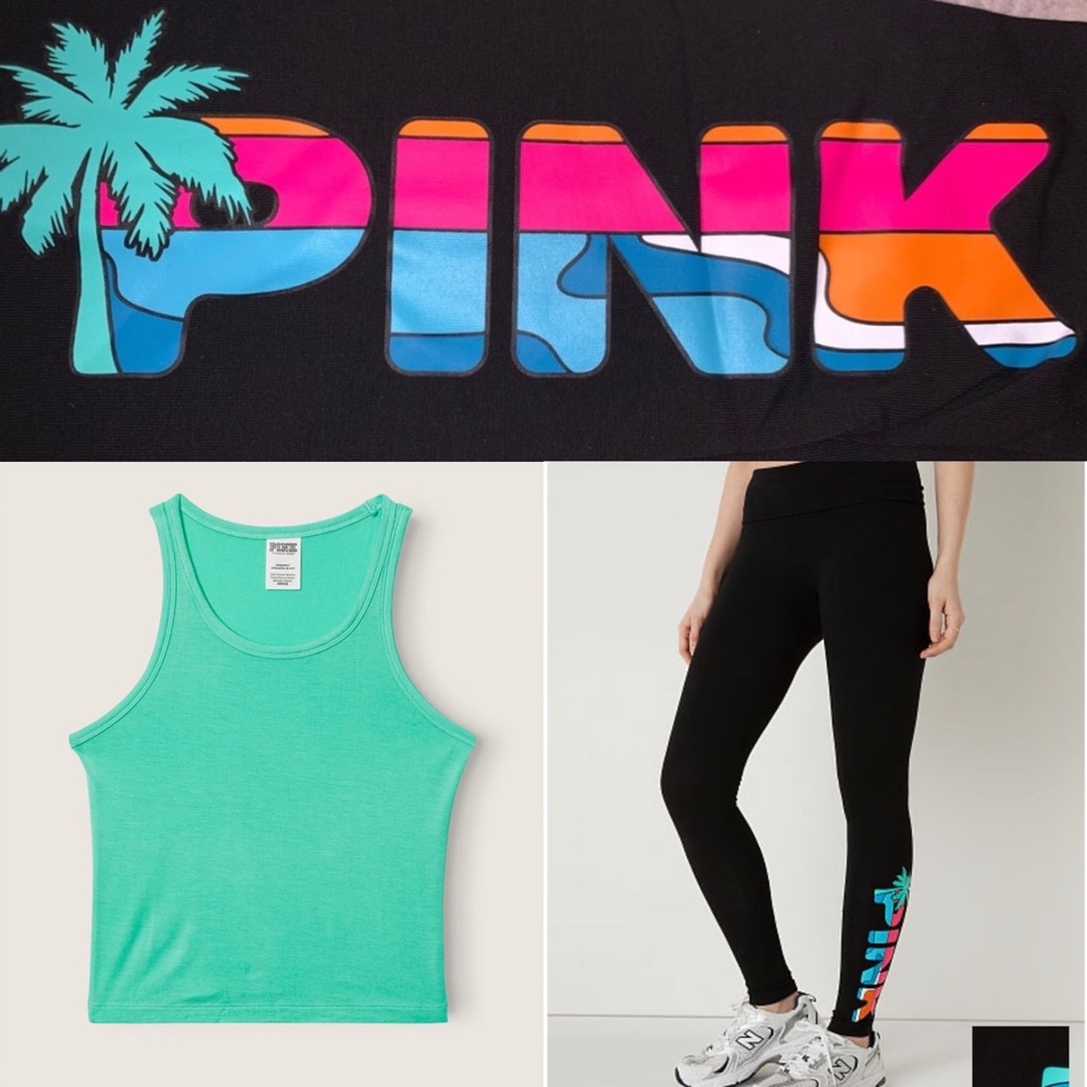 VICTORIA’S SECRET PINK FOLDOVER WAIST LEGGINGS WITH PALM TREES SPRING & SUMMER